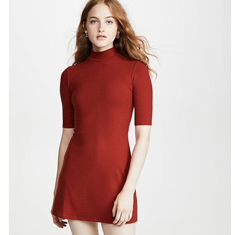 Reformation Red Mock Neck Ribbed Knit Flared Mini Dress XS